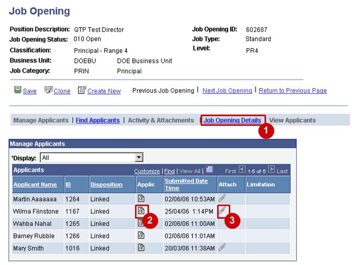 Example of the job applicant screen on Recruitment Online